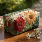 Quilted make-up bag with the Petal Glow design of hand-painted daisies and small sunflowers on a soft cream ground
