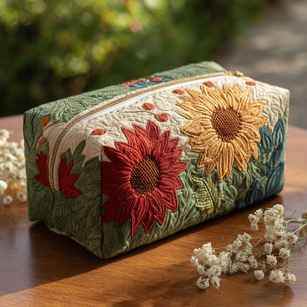 Quilted make-up bag with the Petal Glow design of hand-painted daisies and small sunflowers on a soft cream ground