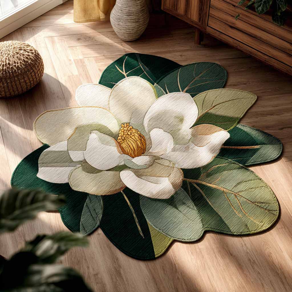 Petal Grace Magnolia shaped rug – magnolia on leaves