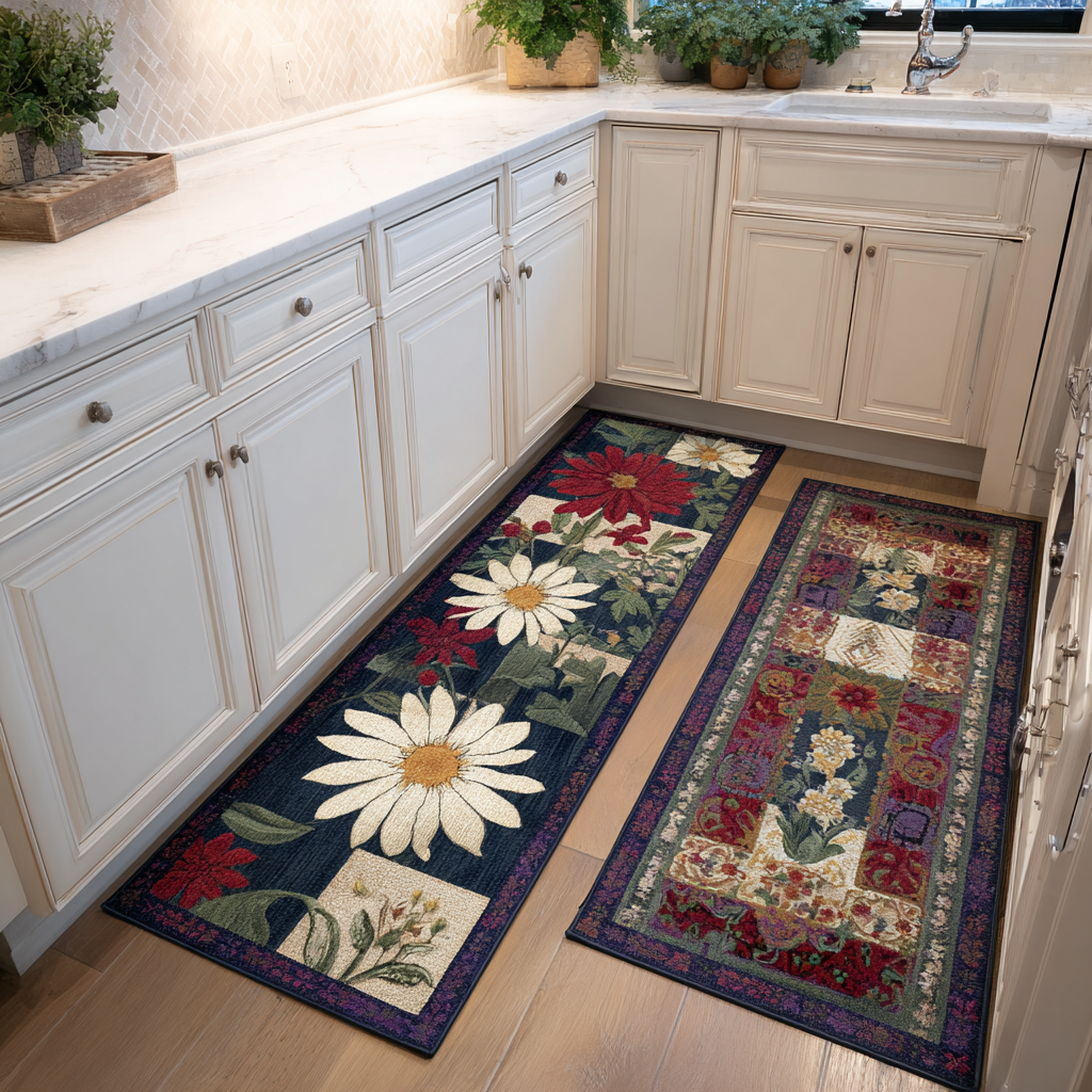 Daisy Patchwork kitchen mat set – daisy and floral patchwork