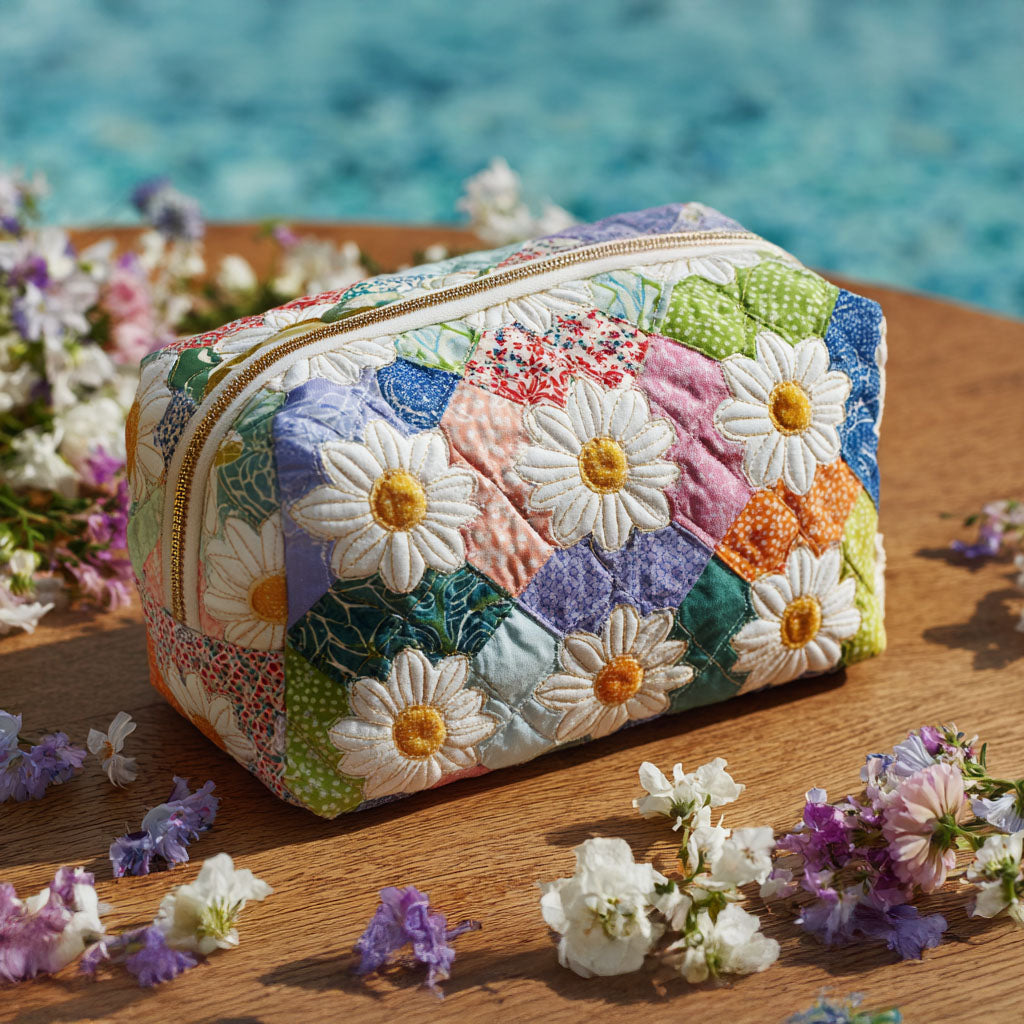 Quilted make-up bag with the Petal Path design of daisies and sunflowers winding across the fabric in yellow, white and fresh green