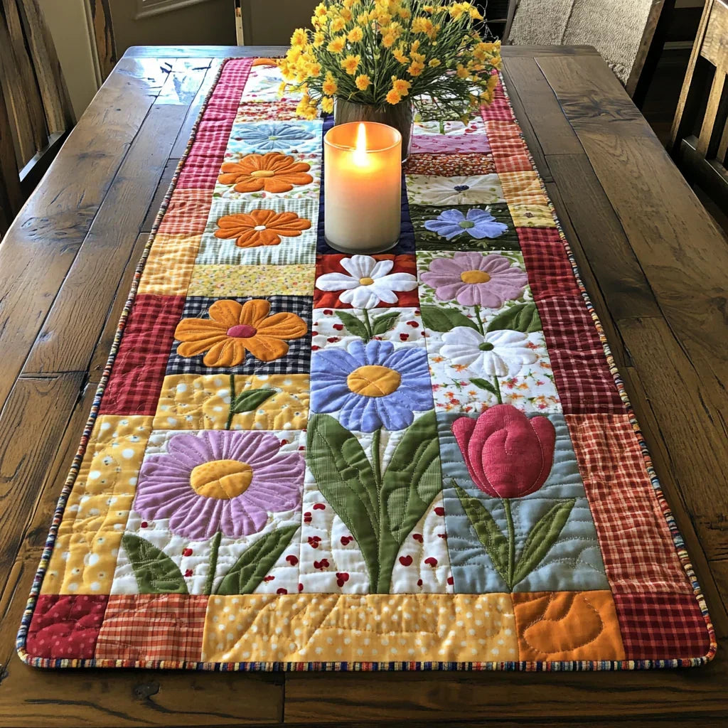Quilted table runner with loose petals drifting in a winding path of rose, apricot and cream
