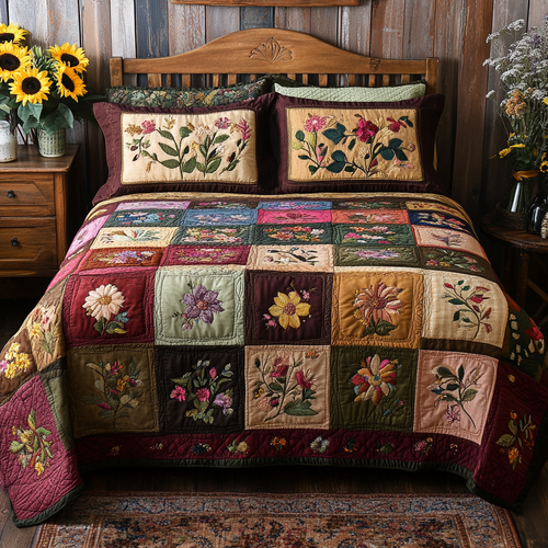 Burgundy Floral Patchwork quilted bedspread set – floral patchwork in burgundy and gold