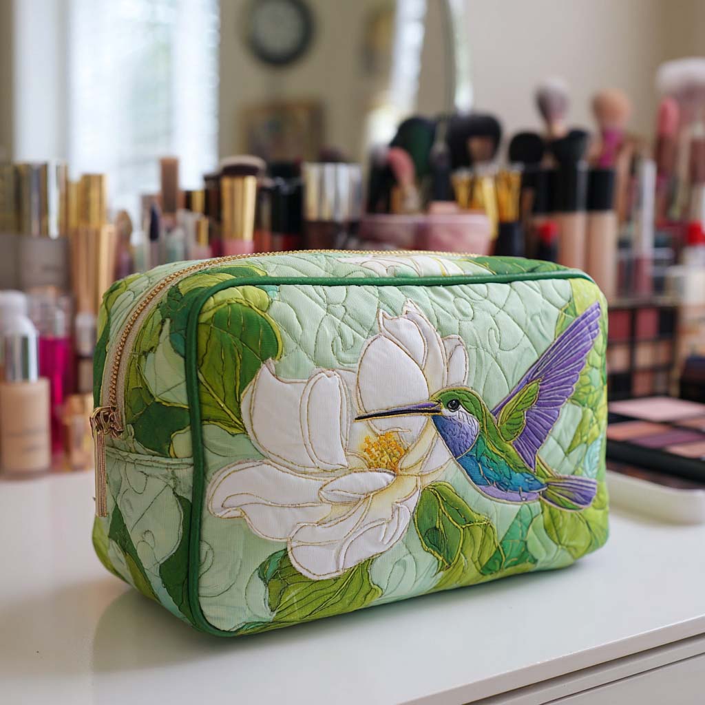 Petal Whisper quilted make-up bag with hummingbird beside a white magnolia on fresh green
