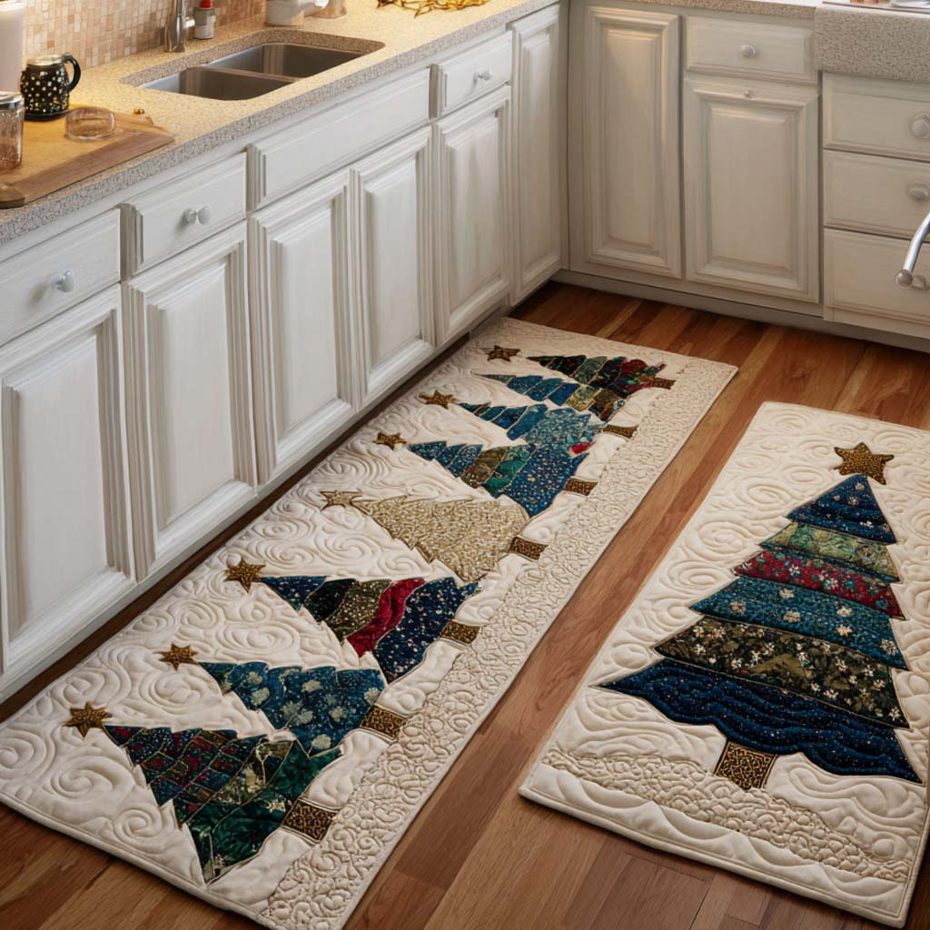 Pine Scented kitchen mat set – patchwork Christmas trees