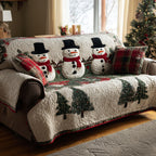 Snowmen Above Pines quilted sofa cover – snowmen above green pines