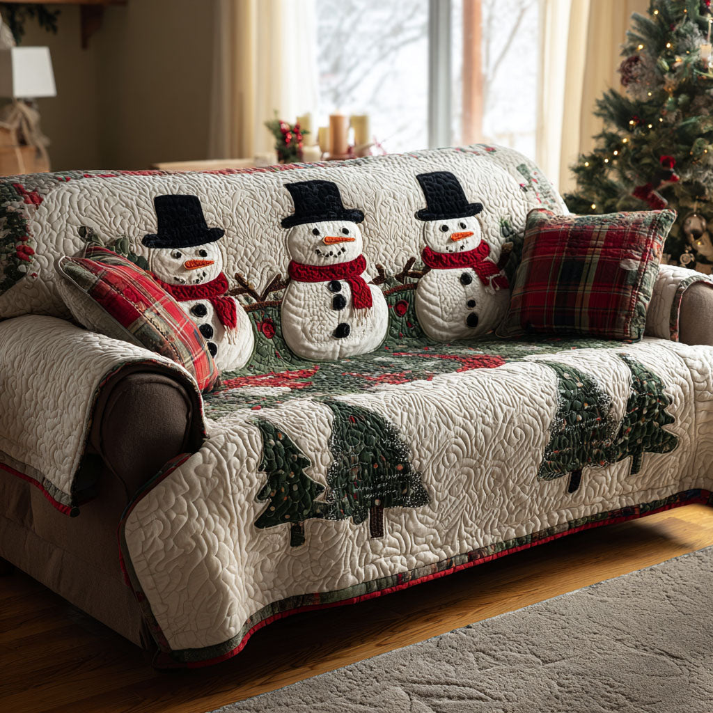 Snowmen Above Pines quilted sofa cover – snowmen above green pines