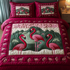 Flamingo Sunset quilted bedspread set – pink flamingos framed by raspberry red