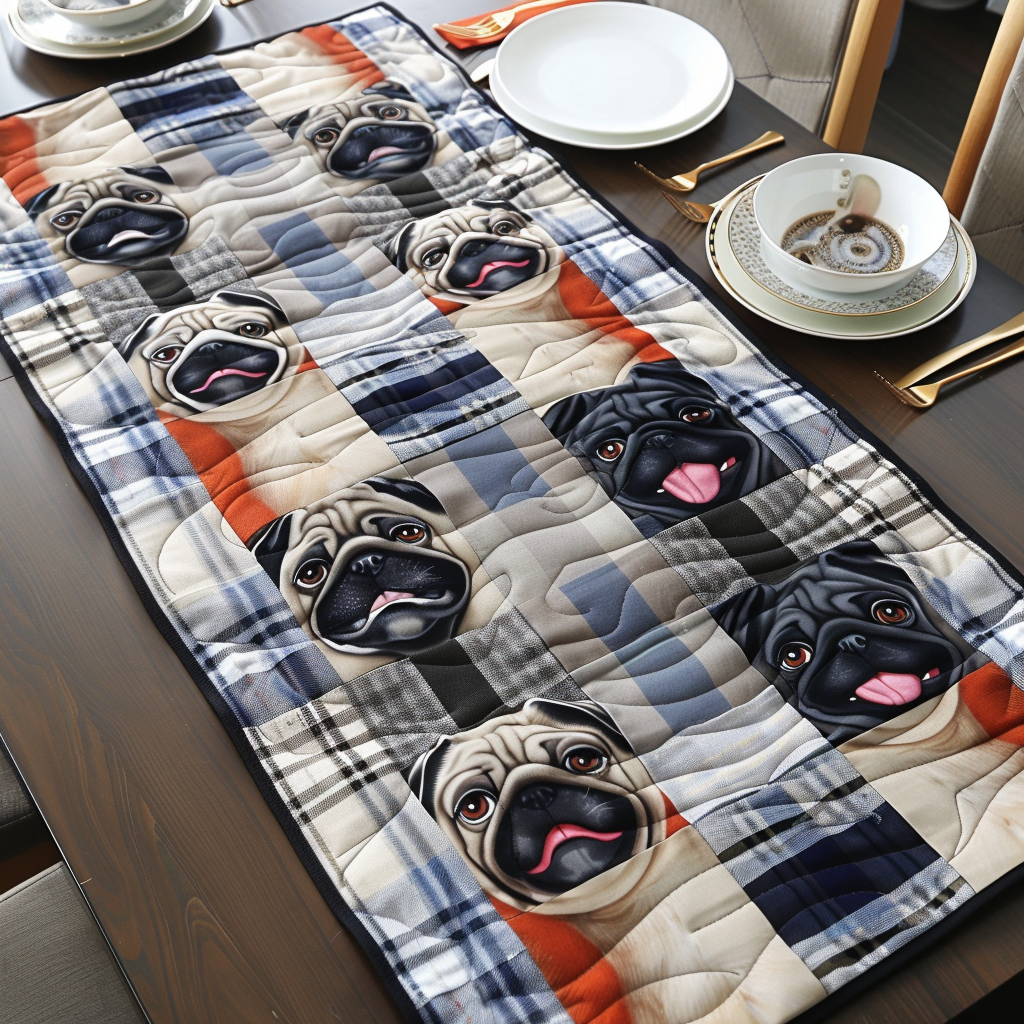 Plaid Pugs quilted table runner – pugs on plaid