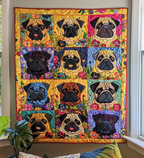 Pug Patchwork quilted throw – pugs in bright coloured squares