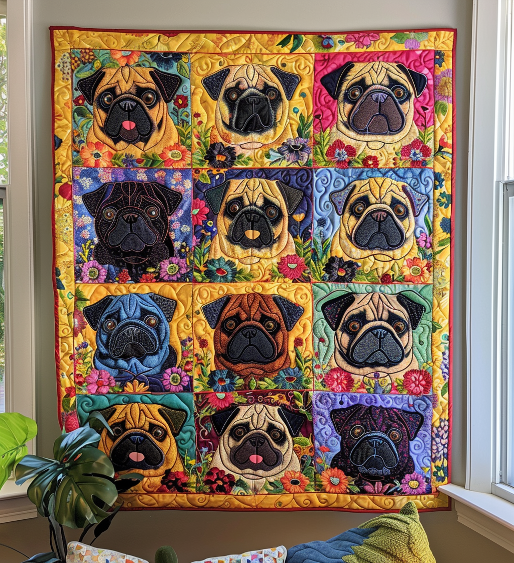 Pug Patchwork quilted throw – pugs in bright coloured squares
