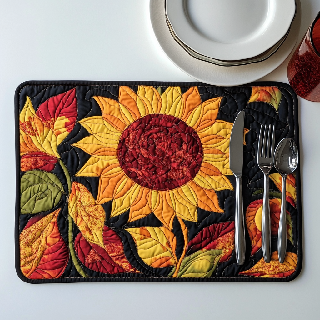 Playful Sunflowers quilted placemats – sunflower on black