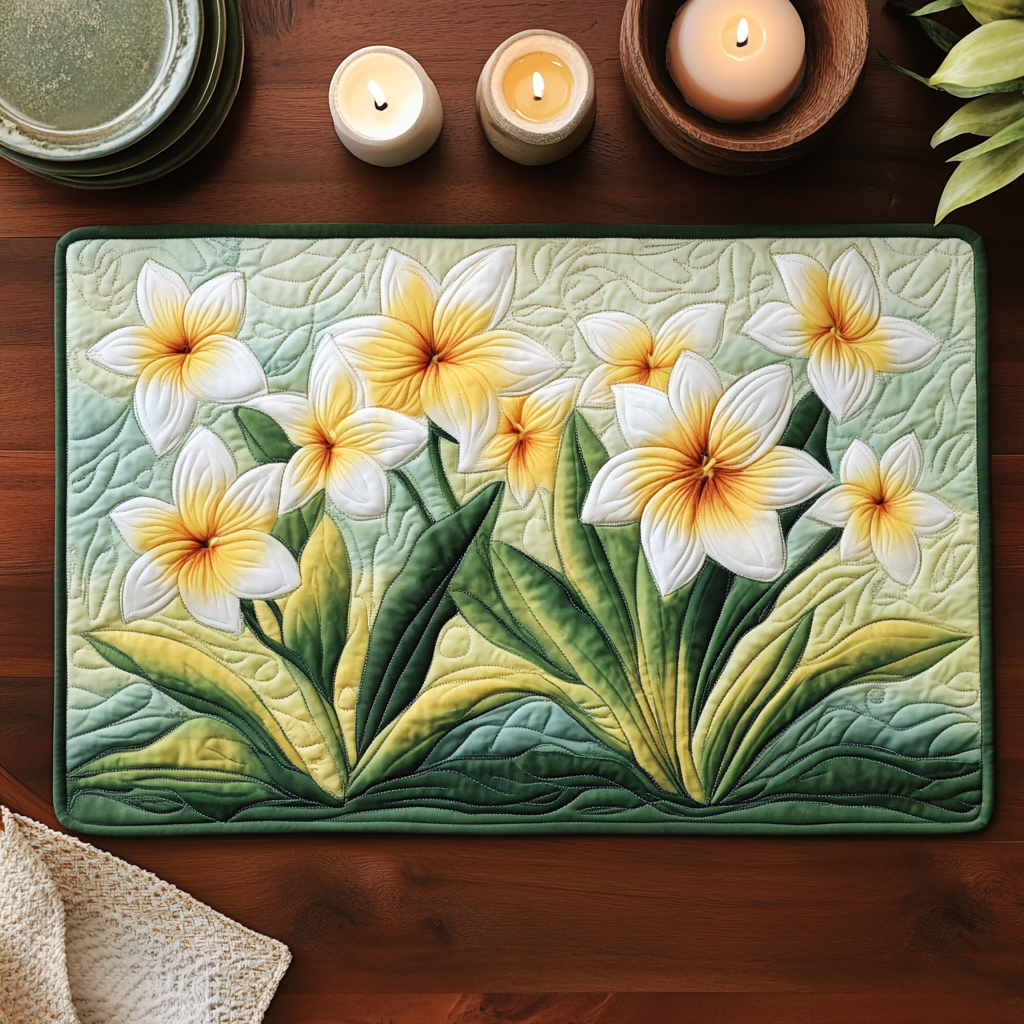 Plumeria Garden quilted placemats – plumeria on pale green