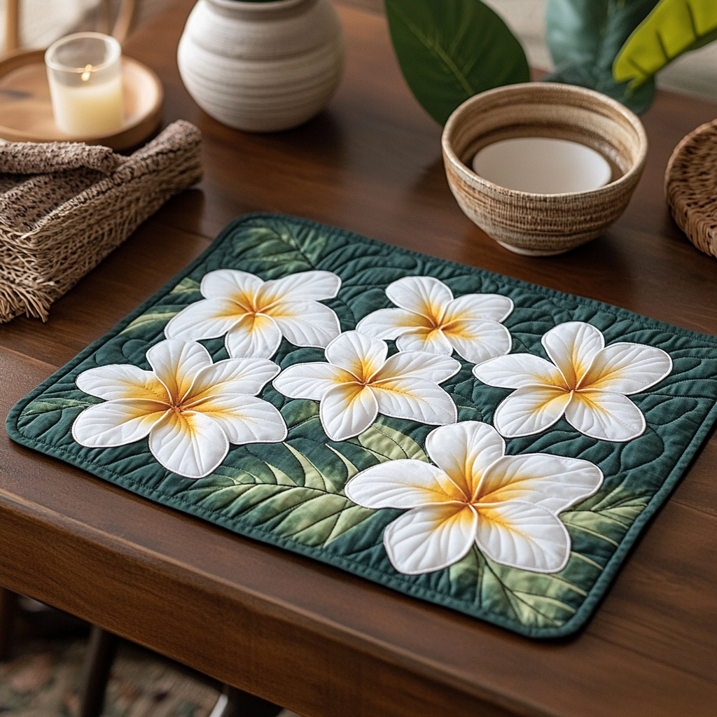 Plumeria Bloom quilted placemats – plumeria on green