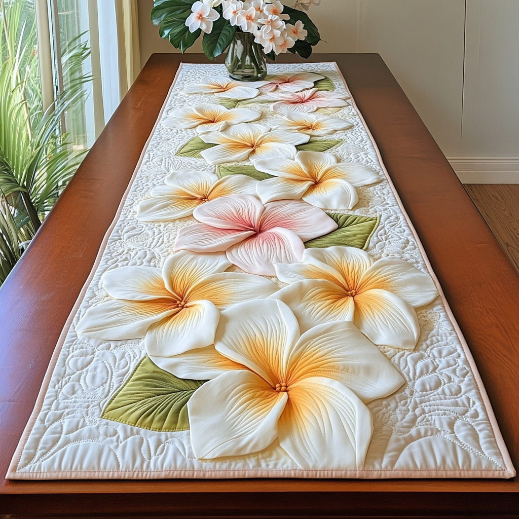 Plumeria Dream quilted table runner – cream and yellow plumeria