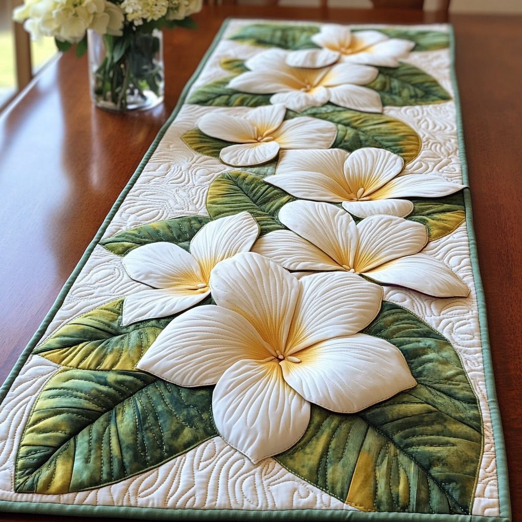 Plumeria Leaves quilted table runner – white plumeria among leaves
