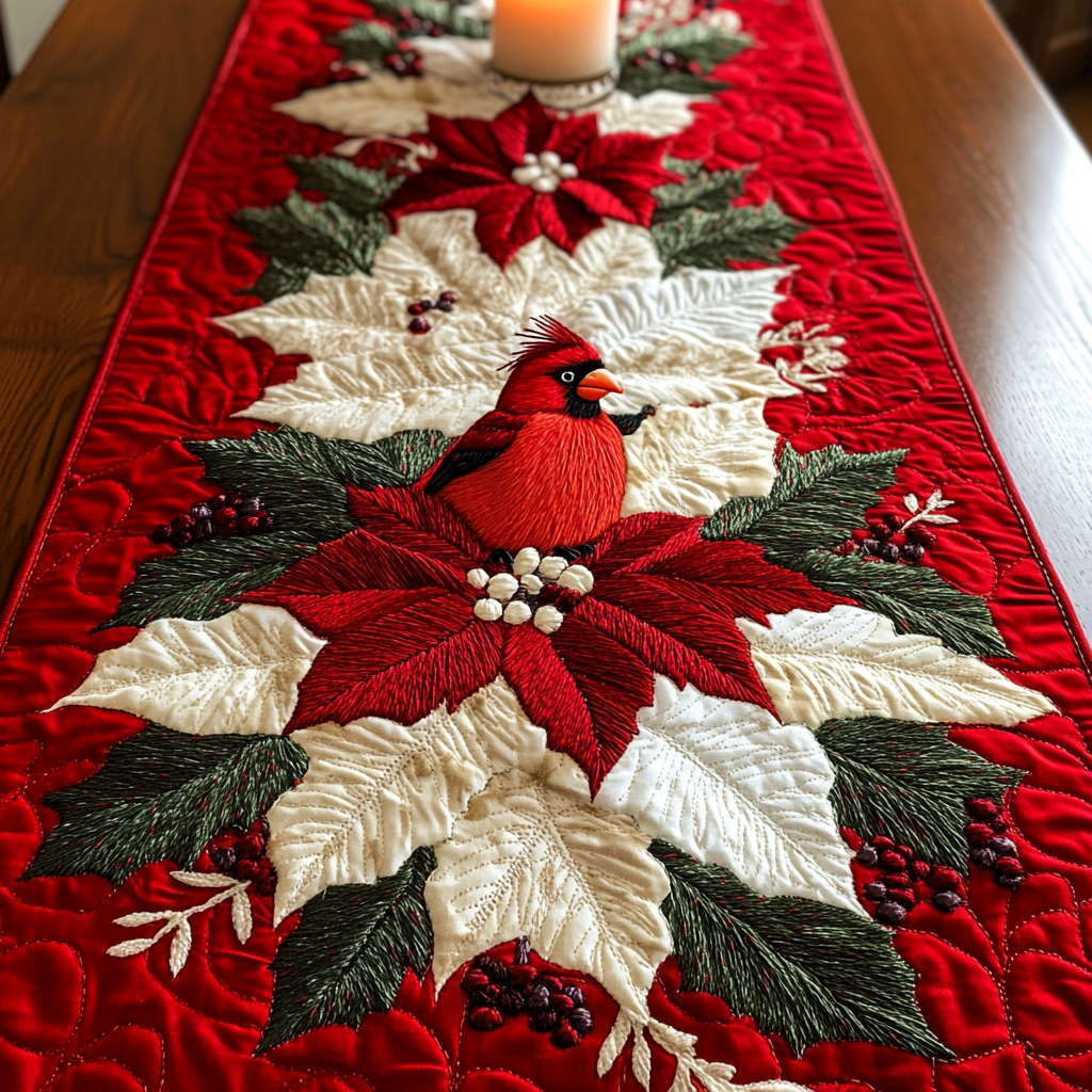 Cardinal Snow Poinsettia quilted table runner – cardinal among red and white poinsettias