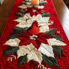 Cardinal Snow Poinsettia quilted table runner – cardinal among red and white poinsettias