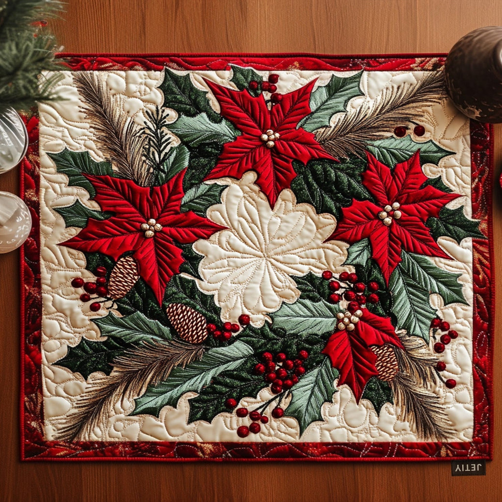 Poinsettia Glow quilted placemats – poinsettia wreath