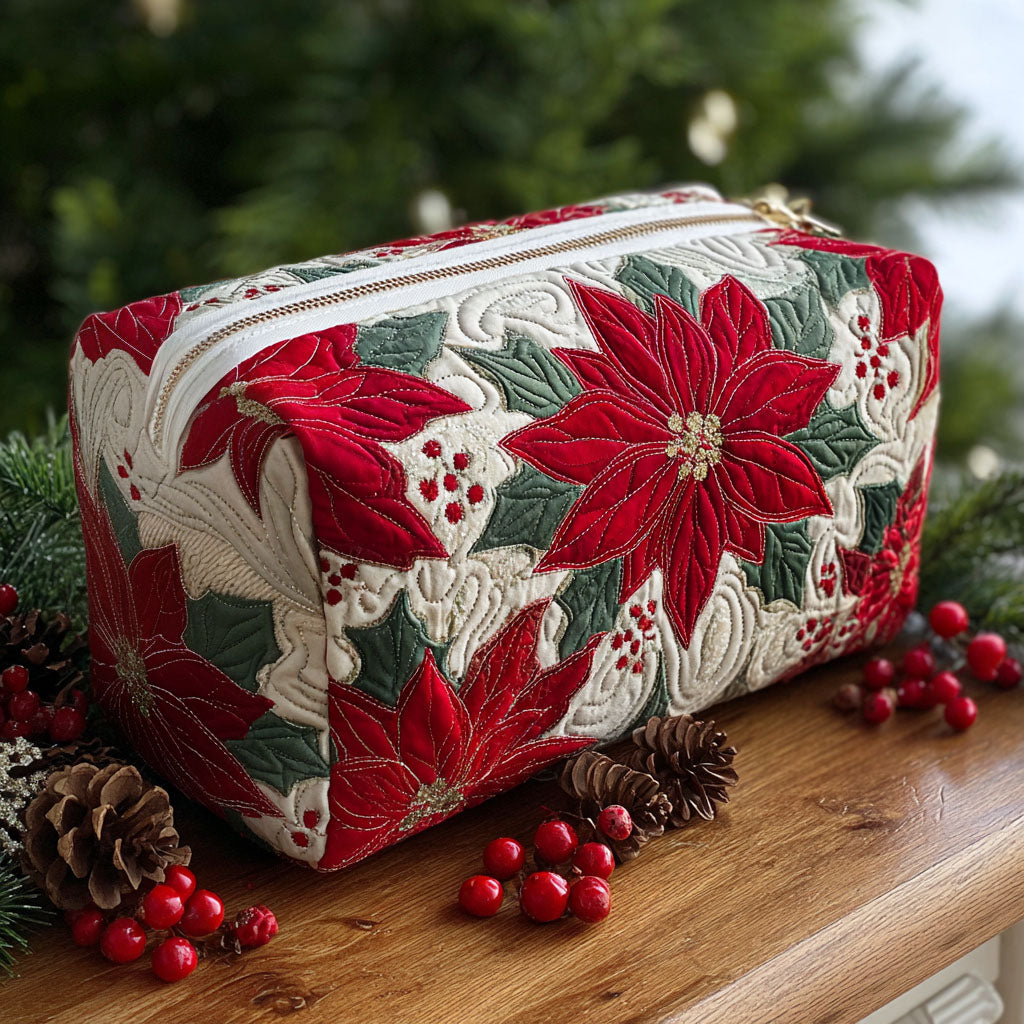 Poinsettia quilted make-up bag with large red poinsettias and green leaves on white quilting
