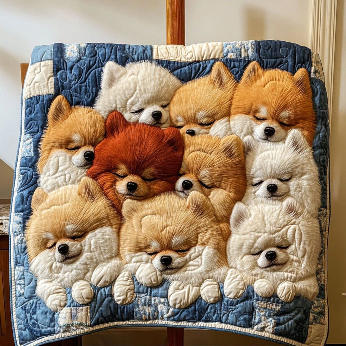 Pomeranian Pile quilted throw – fluffy Pomeranians snuggled together