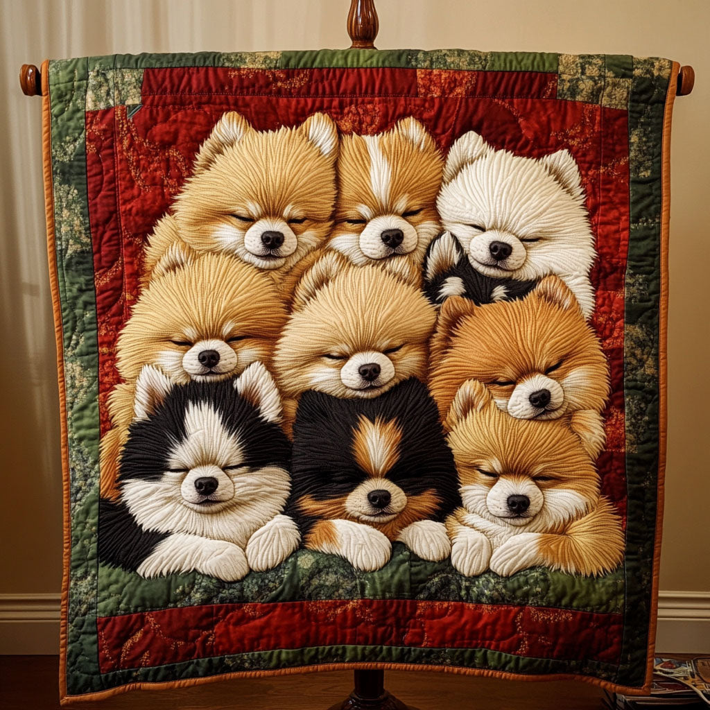Pomeranian Pals quilted throw – pomeranian puppies framed in red