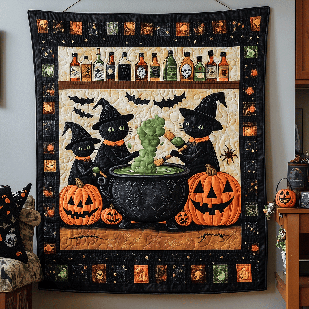 Witch Cats and Cauldron quilted throw – black cats in witch hats with a cauldron