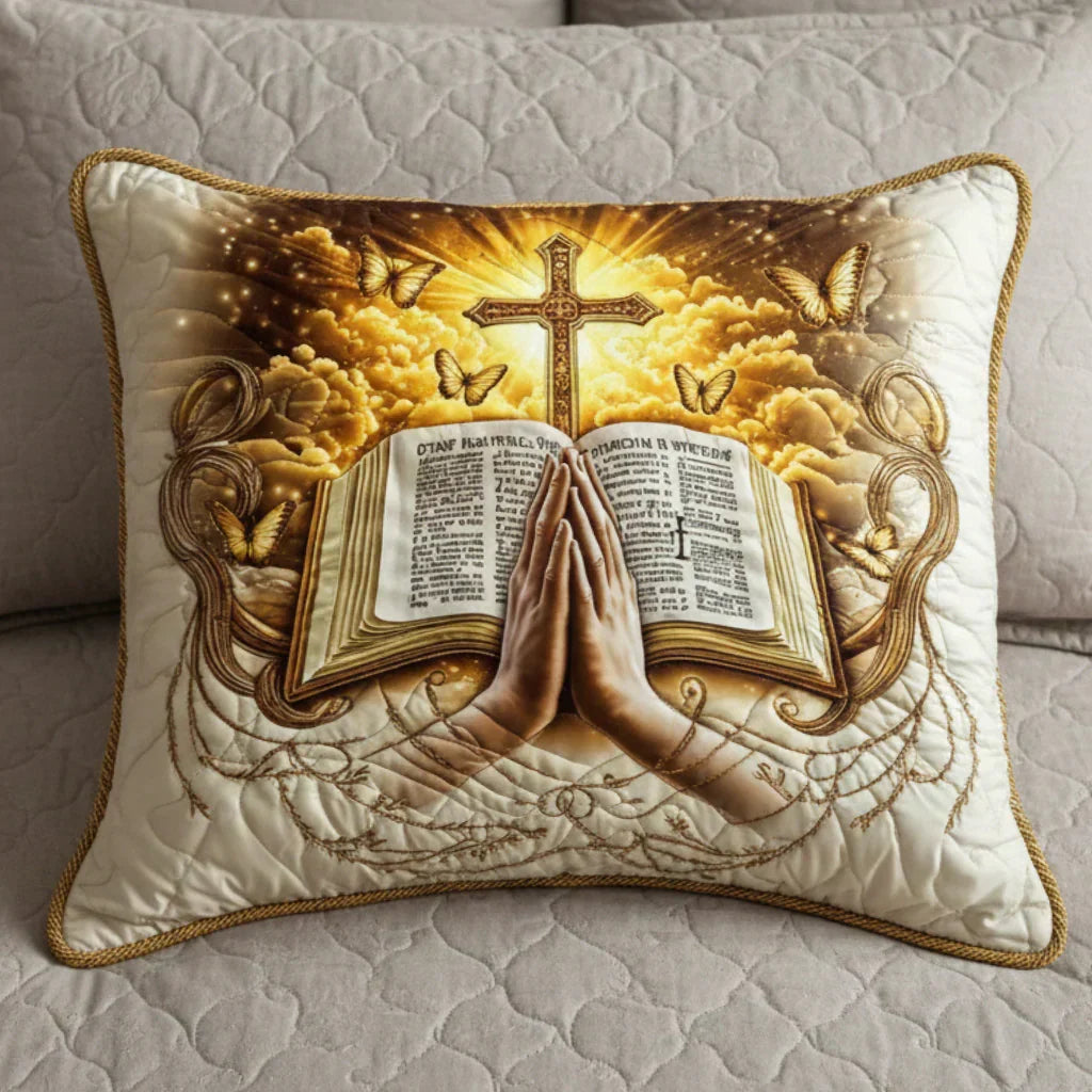 Quilted pillowcase with the Words of Prayer design of scripture lines in flowing script on a soft muted ground within simple borders
