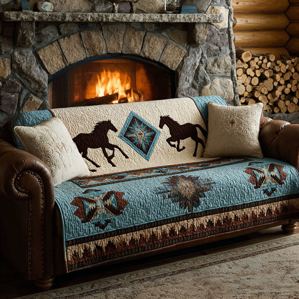Horses by the Fire quilted sofa cover – horse silhouettes on cream