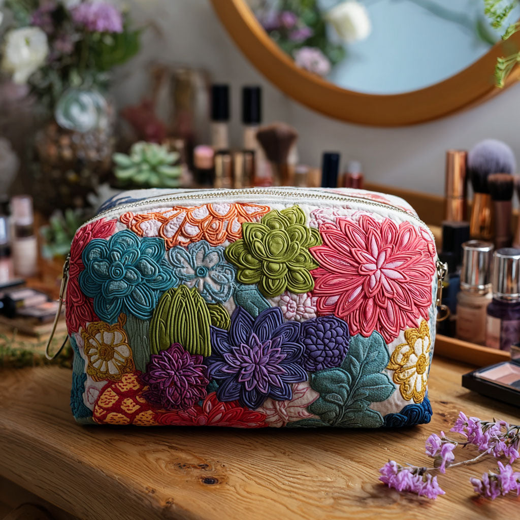 Quilted make-up bag with the Prickly Garden design of flowering cacti and succulents in rows on a warm sand ground