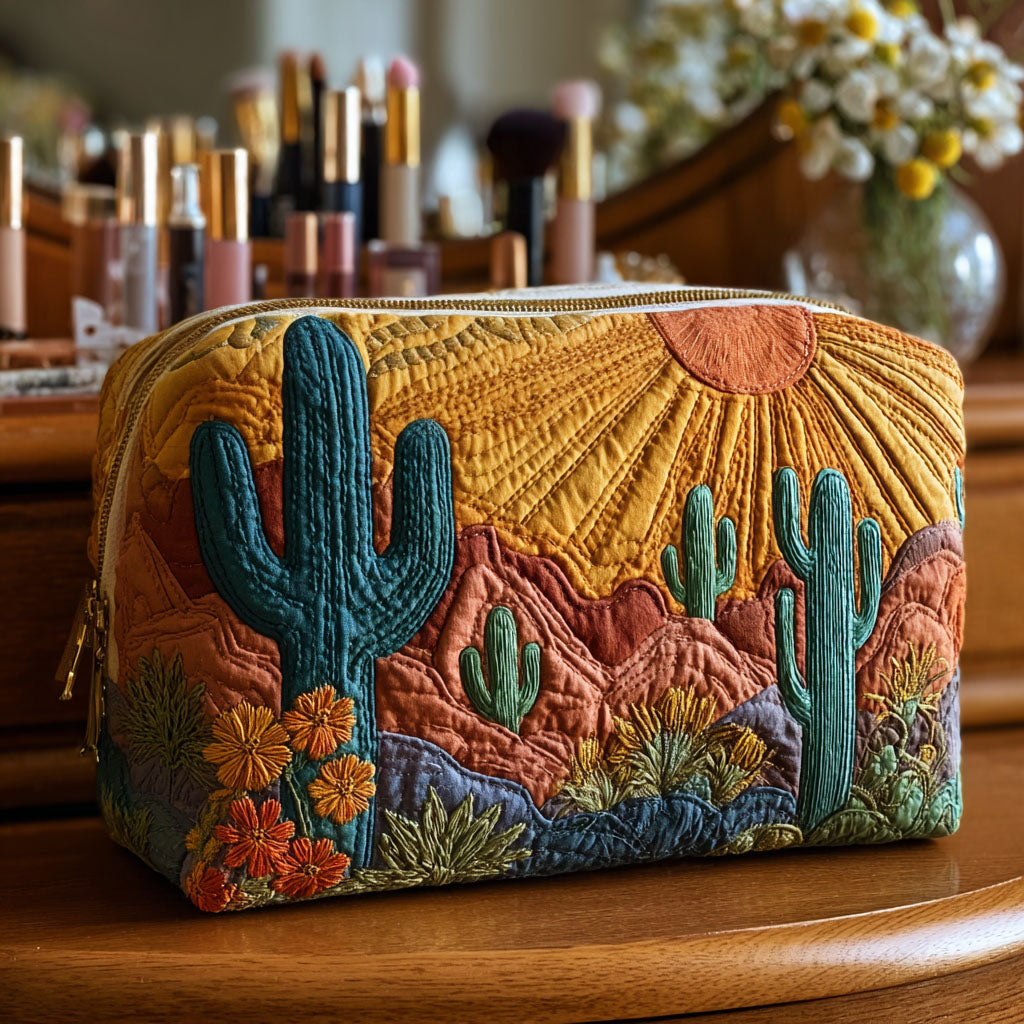 Prickly Hug quilted make-up bag with teal cacti under a golden sun over desert hills
