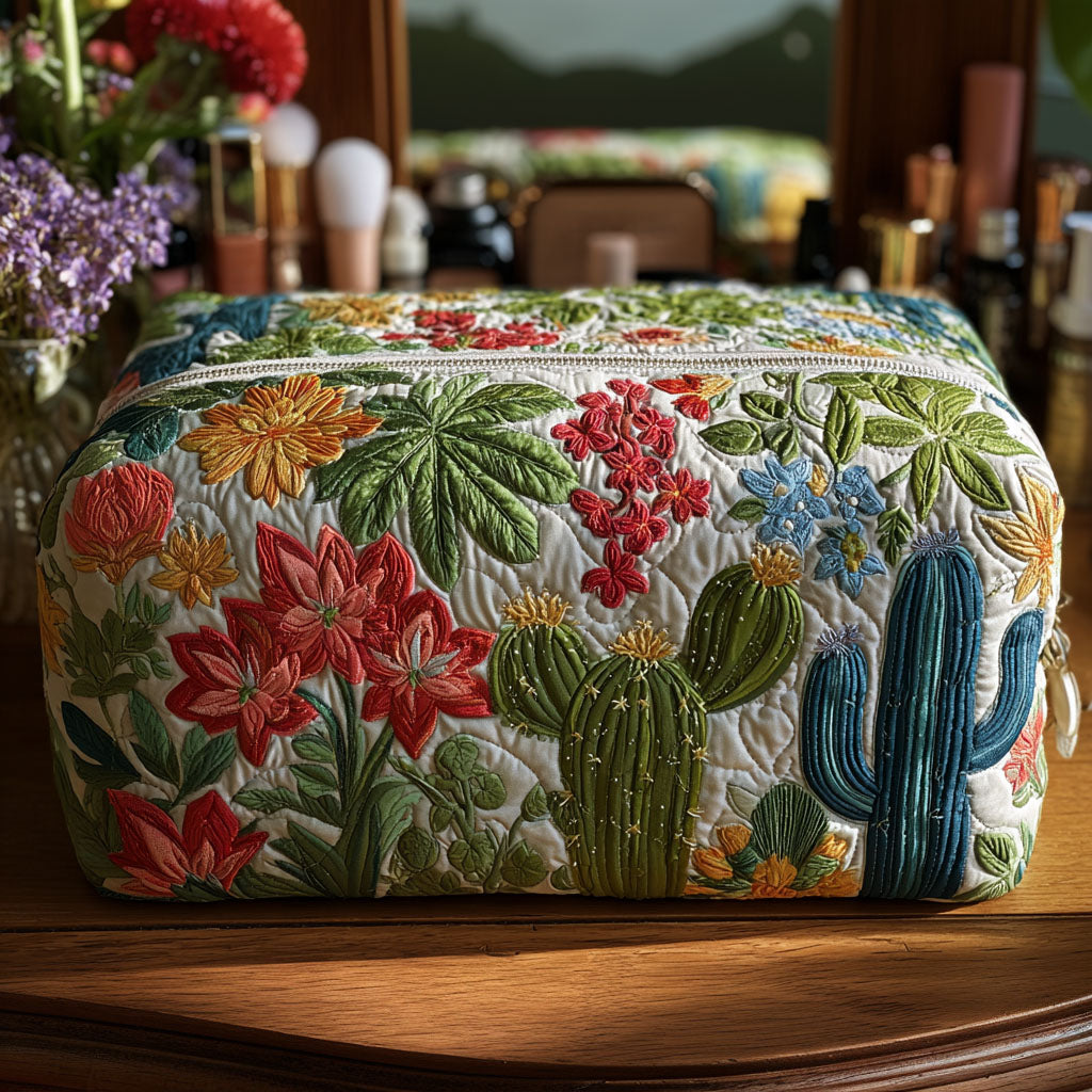 Prickly Pal Magic quilted make-up bag with cacti among red and blue garden flowers on ivory