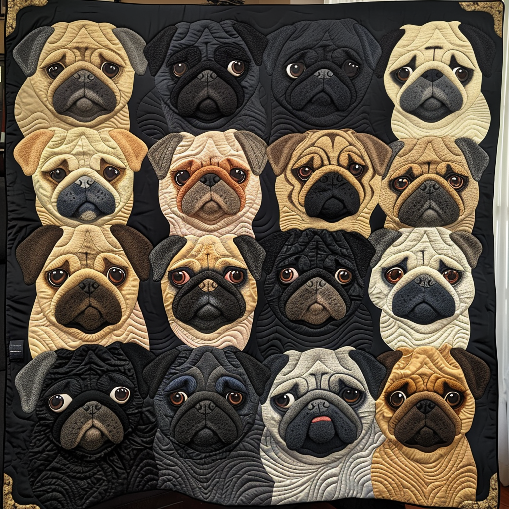 Pug Faces quilted throw – rows of Pug faces on black