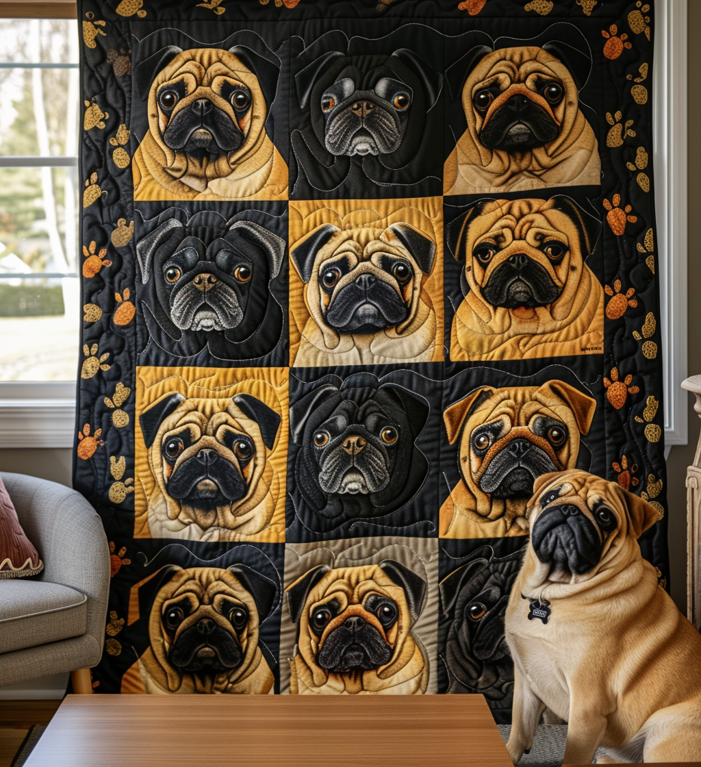 Pug Checkerboard quilted throw – pugs in a gold and black checkerboard