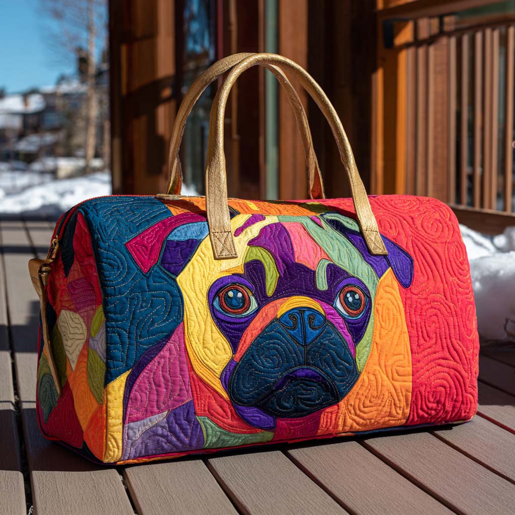 Puglet Joy quilted weekend bag – bright pug face