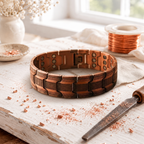 Wide men's magnetic copper link bracelet with grooved arrow-shaped panels