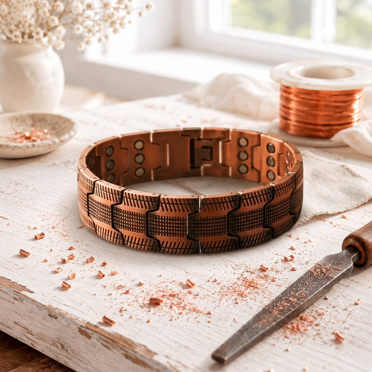 Wide men's magnetic copper link bracelet with grooved arrow-shaped panels