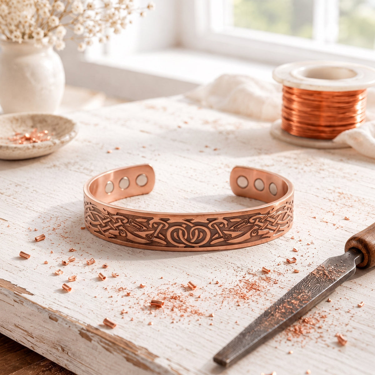 Magnetic copper cuff engraved with Celtic knotwork