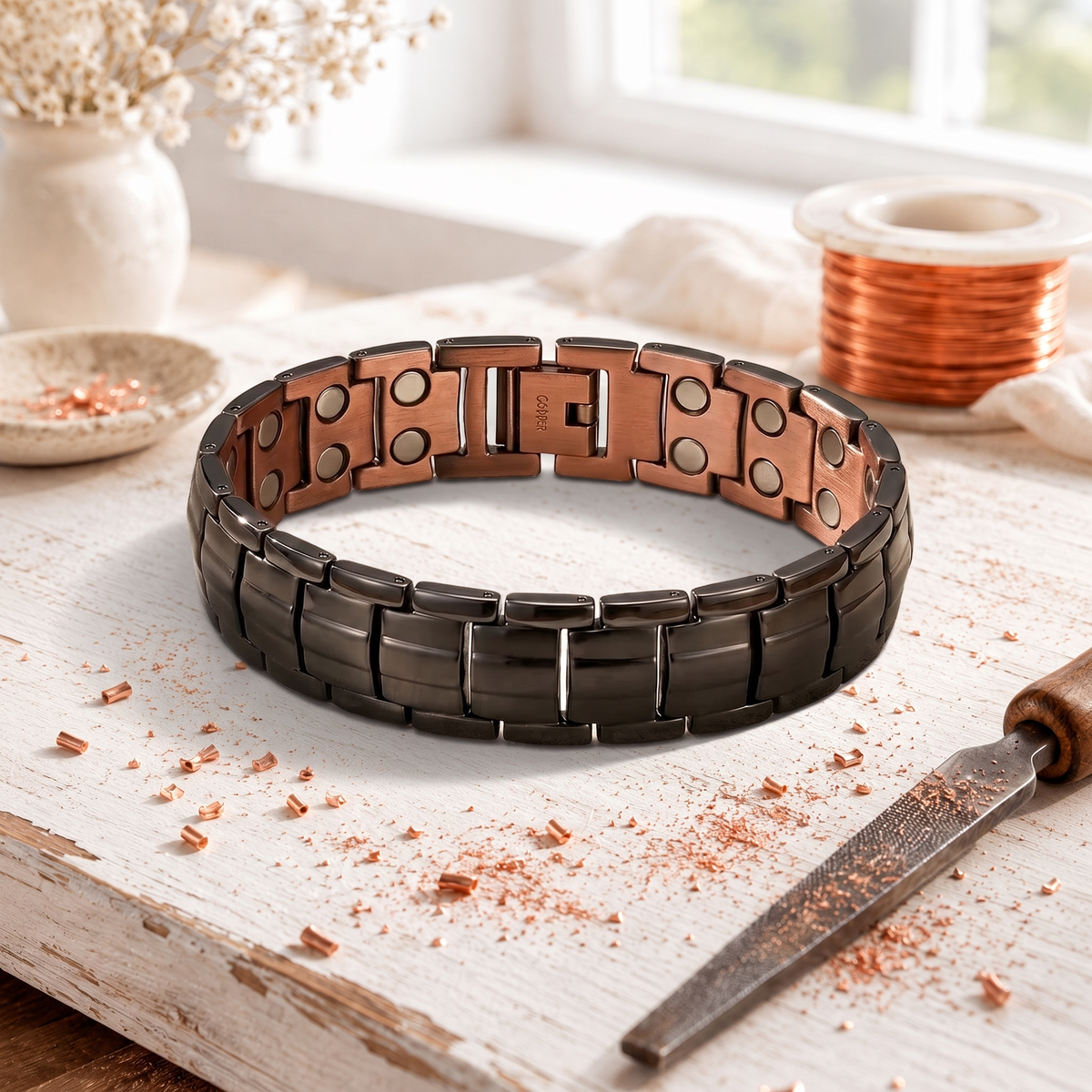 Men's magnetic link bracelet with a black finish and copper inside