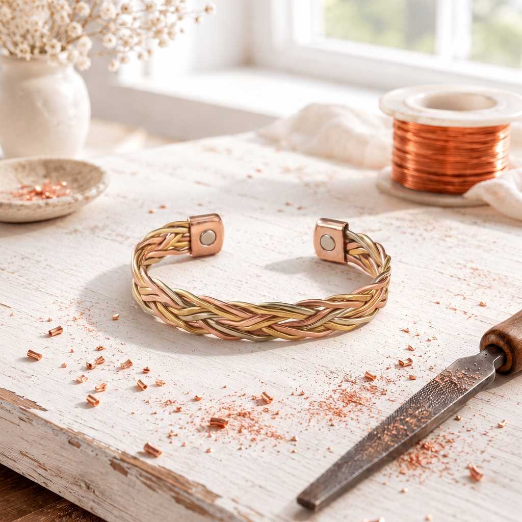 Magnetic plaited cuff of copper, brass and silver-tone strands
