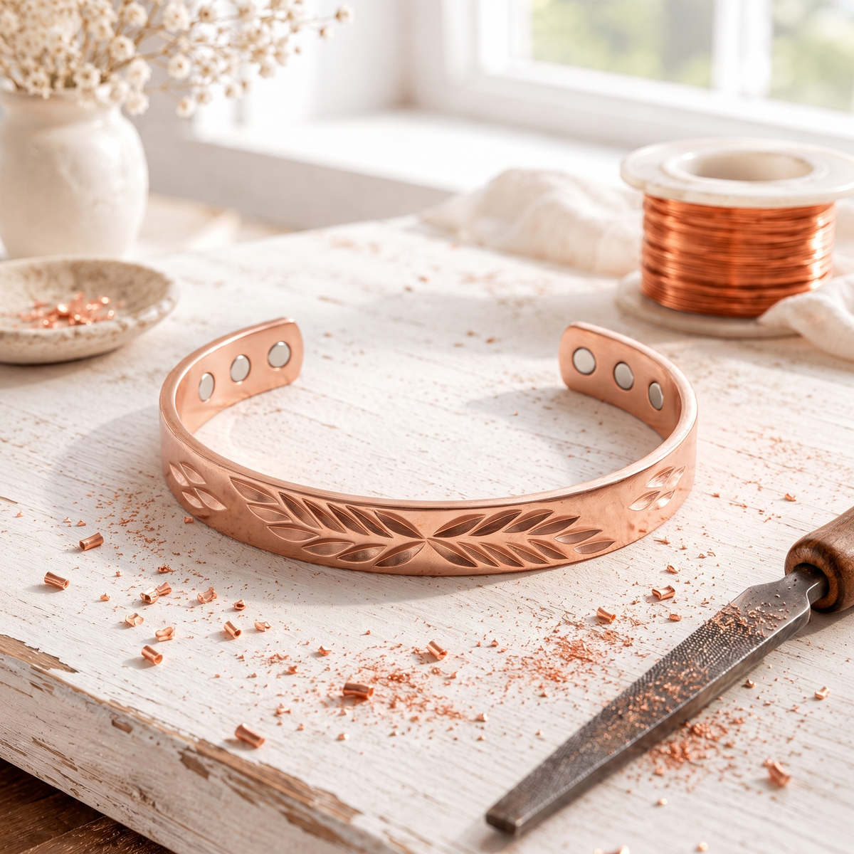 Wide magnetic copper cuff engraved with a trail of leaves