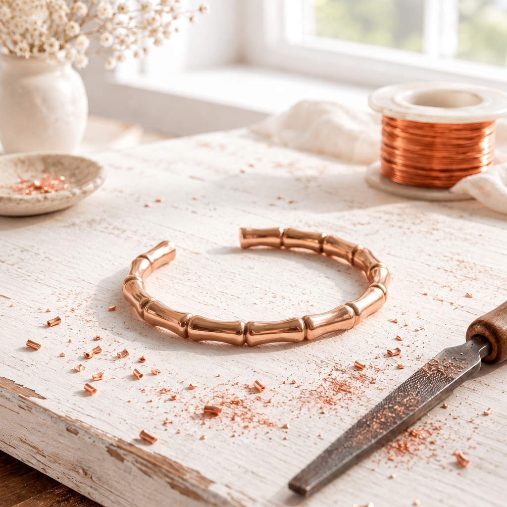 Copper cuff bracelet shaped like segments of bamboo