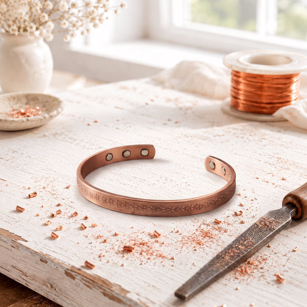 Slim magnetic copper cuff engraved with tiny daisies