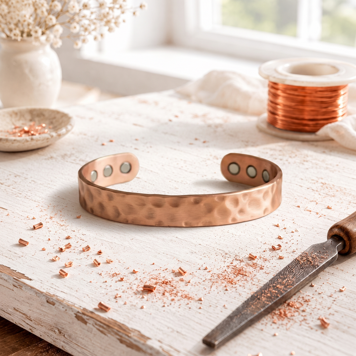 Wide hammered magnetic copper cuff bracelet