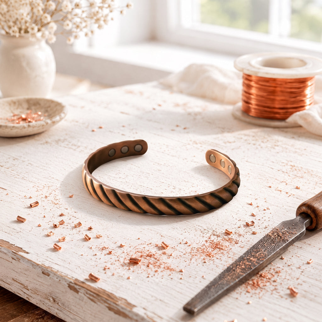 Magnetic copper cuff bracelet with a twisted-rope pattern, antique finish and magnets at each end