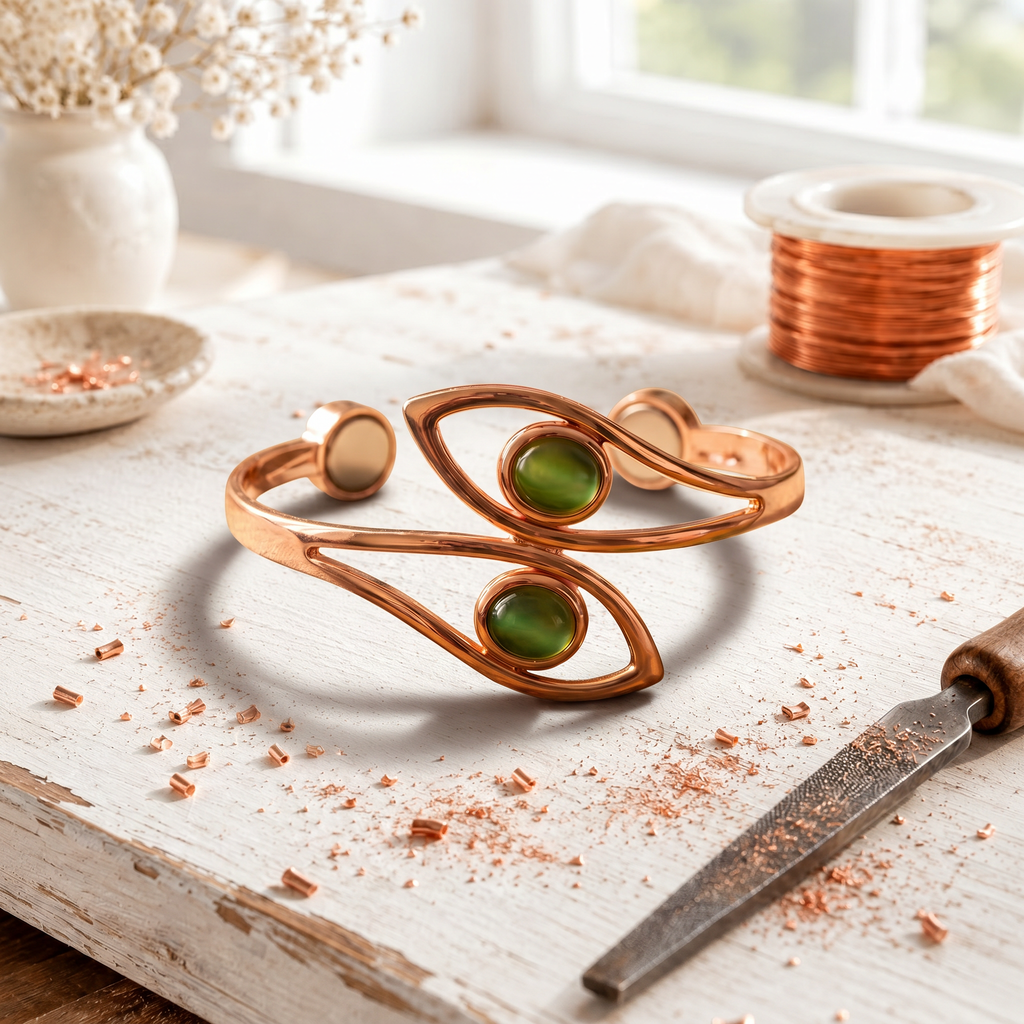 Magnetic copper bangle with two green stones set in crossing leaf-shaped frames