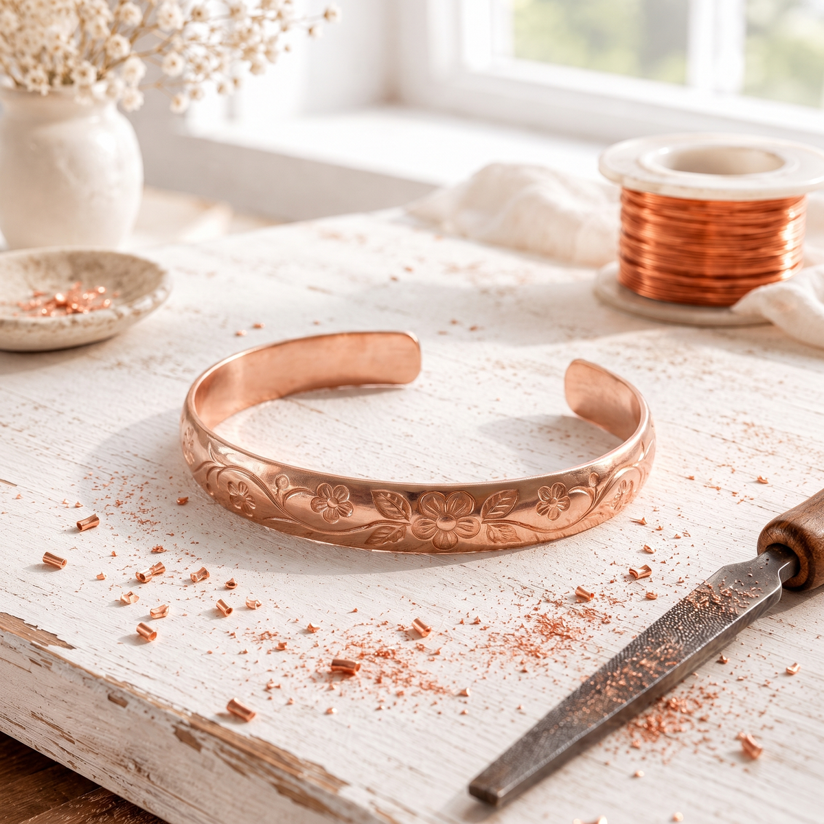 Copper cuff bracelet embossed with a garland of flowers and leaves