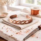 Magnetic copper cuff with a twisted design and a row of small crystals