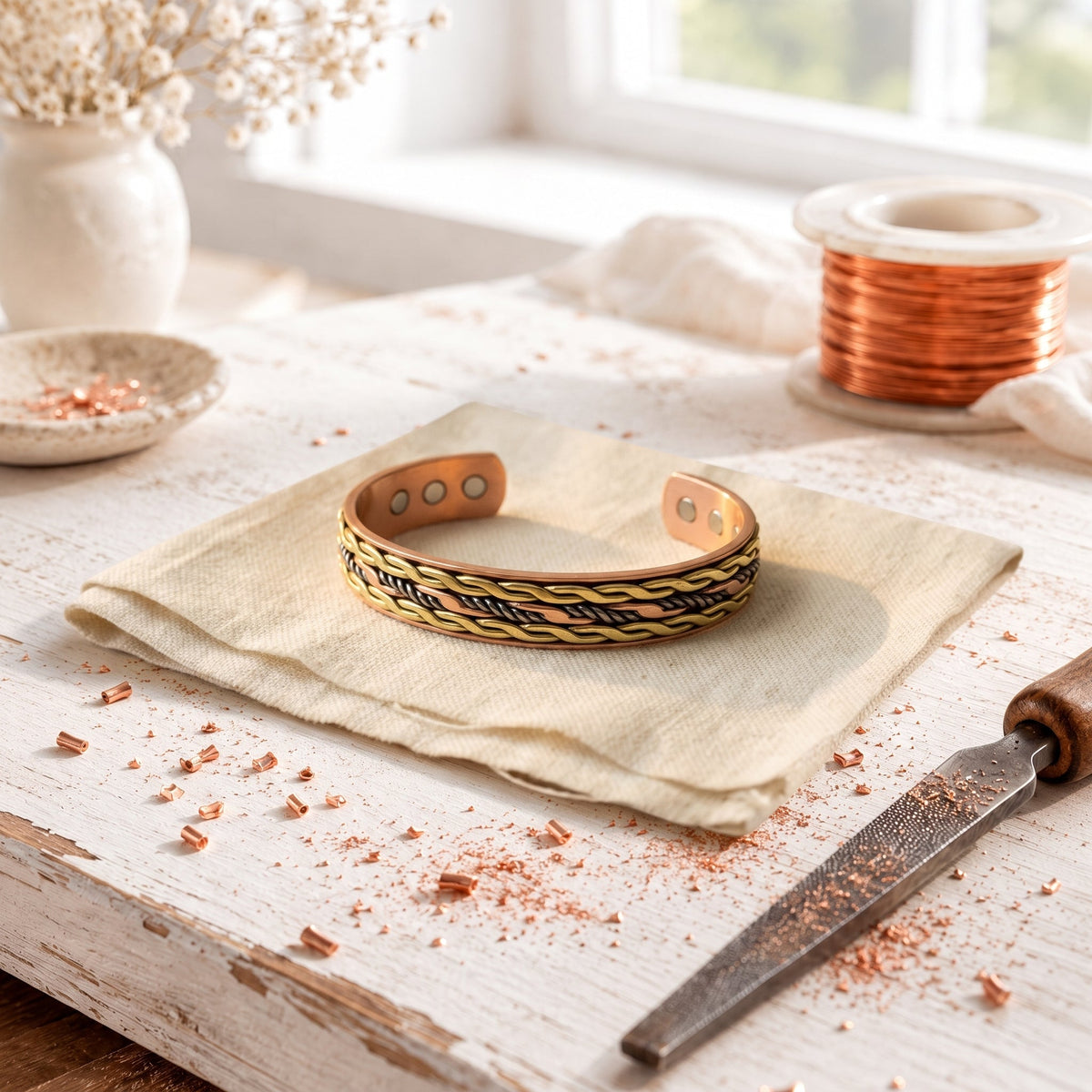 Magnetic copper cuff with a woven band of copper, brass and silver-tone strands