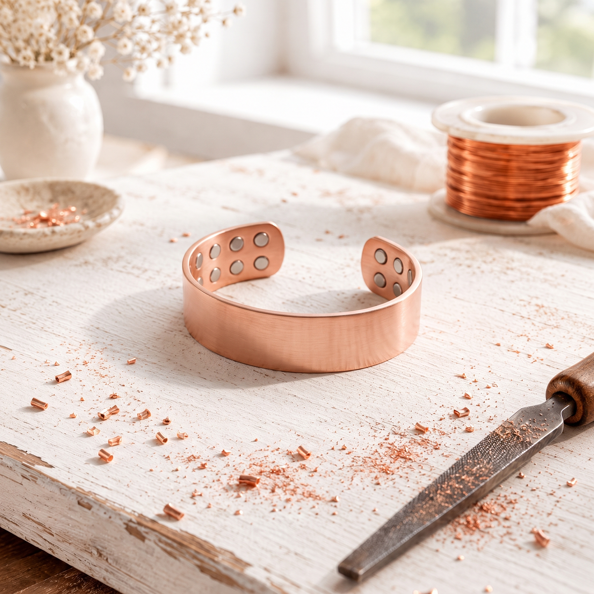 Wide magnetic copper cuff bracelet with a brushed finish